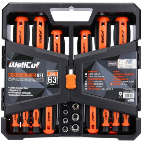 WELLCUT WC-RSD63 - Set di 63 cacciaviti di precisione a cricchetto e impugnatura antiscivolo e punte magnetiche in acciaio robusto, in una custodia portatile per fai da te e applicazioni professionali