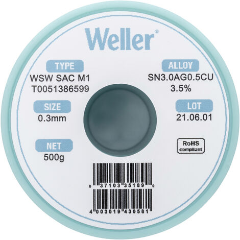 Weller T0051386599 Lötzinn, bleifrei Spule, bleifrei Sn3,0Ag0,5Cu  500 g 0.30 mm