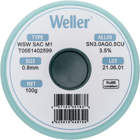 Weller T0051402599 Lötzinn, bleifrei Spule, bleifrei Sn3,0Ag0,5Cu  100 g 0.8 mm