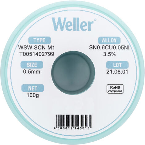 Weller T0051402799 Lötzinn, bleifrei bleifrei, Spule Sn0,6Cu0,05Ni  100 g 0.50 mm