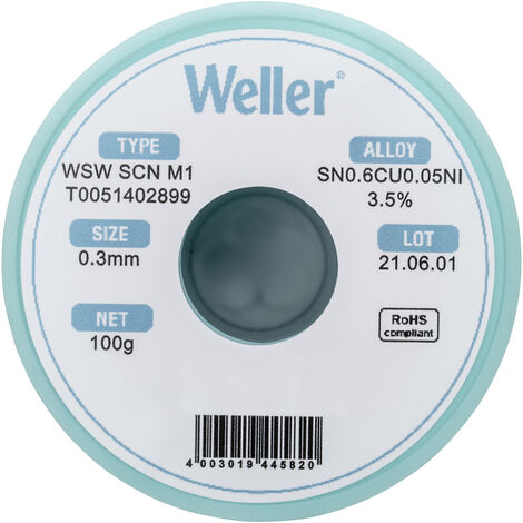 Weller T0051402899 Lötzinn, bleifrei bleifrei, Spule Sn0,6Cu0,05Ni  100 g 0.30 mm