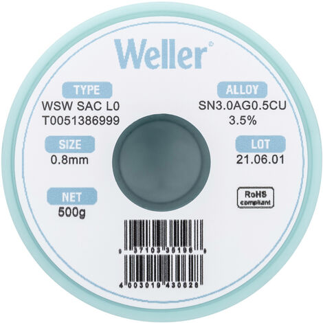Weller WSW SAC L0 Lötzinn, bleifrei Spule Sn3,0Ag0,5Cu  500 g 0.8 mm