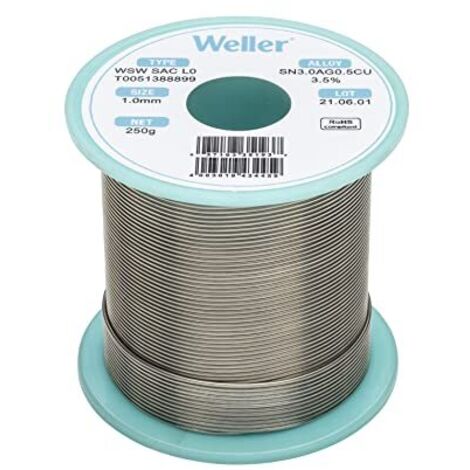 Weller WSW SAC L0 (T0051388899) Filo Saldante, Ø 1.0mm, 250g, Lega Sn96.5Ag3.0Cu0.5, Contenuto di Fondente 3,5%