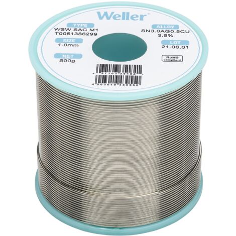Weller WSW SAC M1 (T0051386299) Filo Saldante, Ø 1.0mm, 500g, Lega Sn96.5Ag3.0Cu0.5, Contenuto di Fondente 3,5%