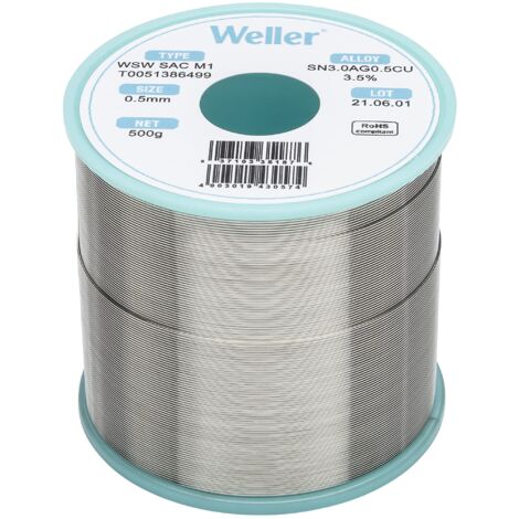 Weller WSW SAC M1 (T0051386499) Filo Saldante, Ø 0.5mm, 500g, Lega Sn96.5Ag3.0Cu0.5, Contenuto di Fondente 3,5%