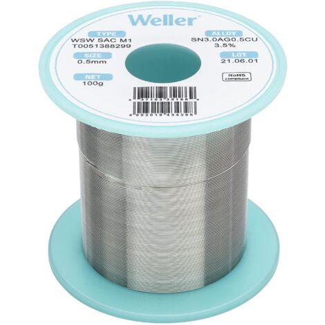 Weller WSW SAC M1 (T0051388299) Filo Saldante, Ø 0.5mm, 100g, Lega Sn96.5Ag3.0Cu0.5, Contenuto di Fondente 3,5%
