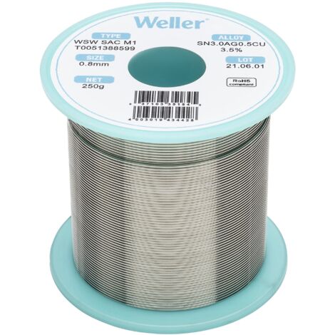 Weller WSW SAC M1 (T0051388599) Filo Saldante, Ø 0.8mm, 250g, Lega Sn96.5Ag3.0Cu0.5, Contenuto di Fondente 3,5%