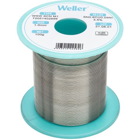 Weller WSW SCN M1 (T0051402699) Filo Saldante, Ø 1.0mm, 100g, Lega Sn99.3Cu0.6Ni0.05, Contenuto di Fondente 3,5%