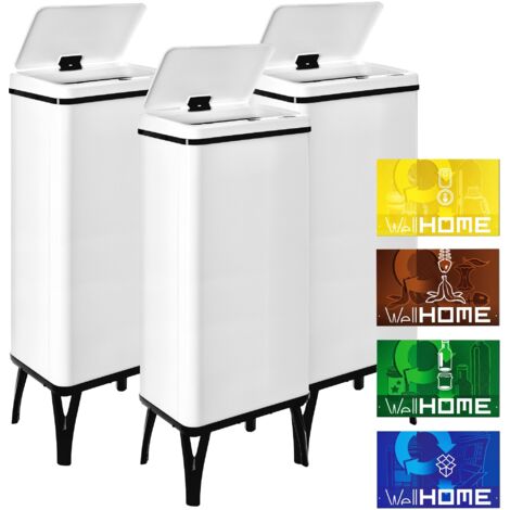 WELLHOME 3 cubos de Basura inteligente BLANCO de 60L c/u -35,5x26x95,5 cm con etiquetas magnéticas- "SENSOR BINS"