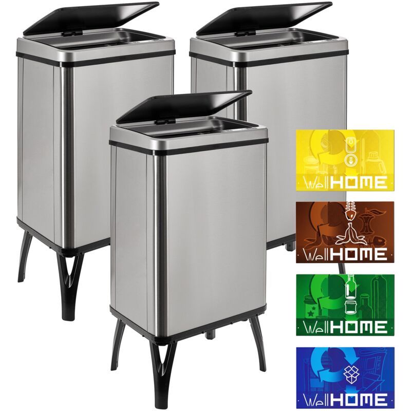 Wellhome - well home mobiliario & decoración 3 poubelles intelligentes de 40 l c/u, hauteur : 71,5 (x 35,5 x 26), gris avec étiquettes magnétiques