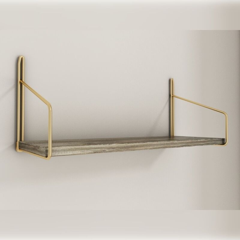 Wellhome - Etagère Murale en Bois - 100% Bois Massif - Support Métallique 45x16x16 cm - OrBrun