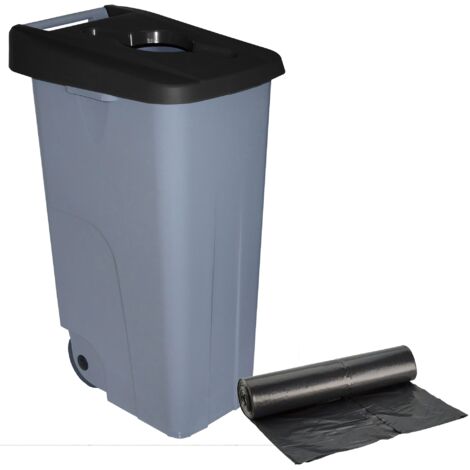 WELLHOME Conteneur Ouvert 110L + Rouleau de 10 Sacs 120L Noir