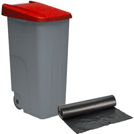 WELLHOME Contenitore Chiuso 110L Rosso H.88cm + Rotolo da 10 Sacchi Immondizia da 120L