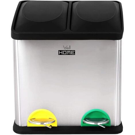 WellHome Cubo de reciclaje ecológico 30 litros de 2 compartimentos, reciclaje de basura / cubos de reciclaje, Gran Capacidad, para Papel, Vidrio y Plástico, Id
