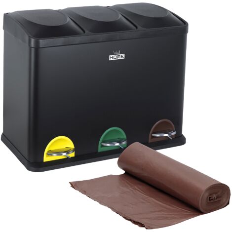 WellHome Cubo de reciclaje ecológico 45L de 3 compartimentos con rollo de 20 bolsas de basura de 20L