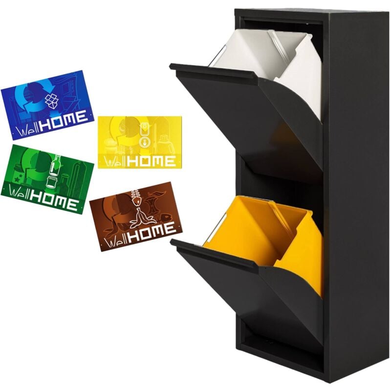 Wellhome - well home furniture & decoration Poubelle et poubelle métallique 2 compartiments + 4 étiquettes magnétiques, 2x17L (34L) Noir mat - Noir