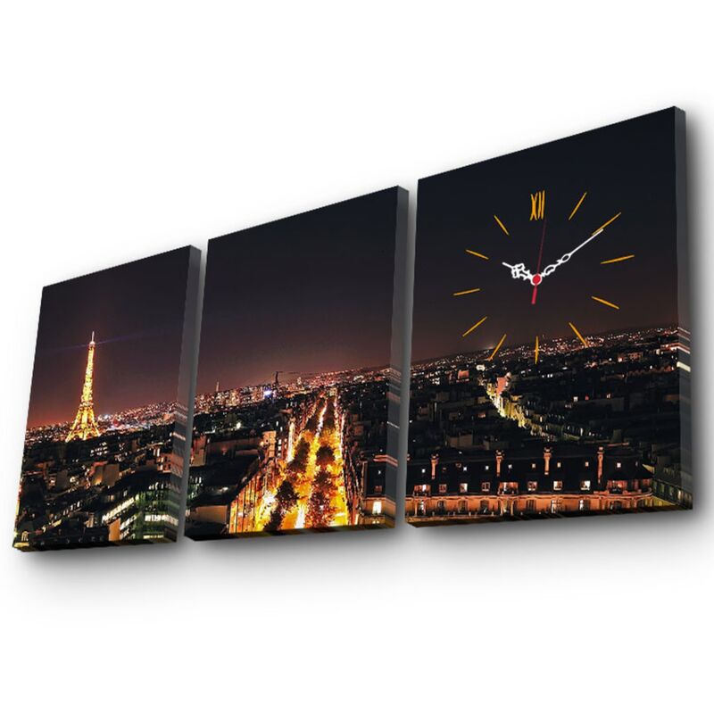 Paris Style Horloge Murale Décorative en Toile avec 3 Pièces - 100% Toile - multicolore - Wellhome