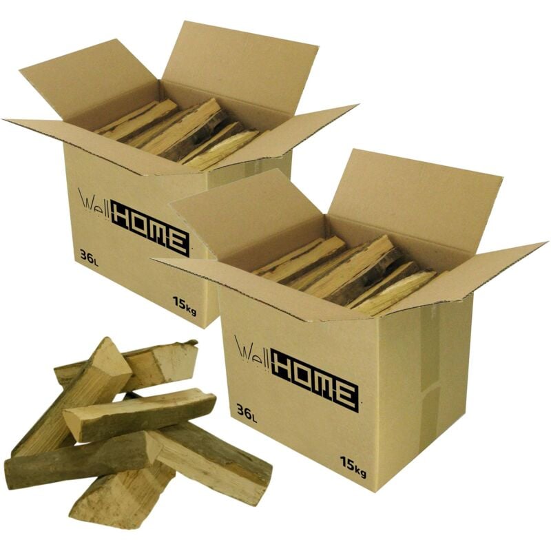 WELLHOME Lot de 2 caisses de bois de cheminée 30Kg (2 x 15Kg) de bois de hêtre sec pour cheminées et barbecues bâtons de 30-50cm de longueur