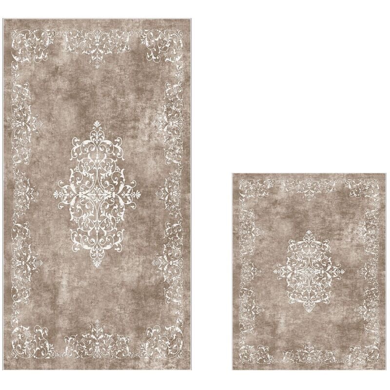 Lot de 2 tapis de salle de bain beige/blanc, 1 pièce 50x60 - 1 pièce 60X100 cm - BeigeBlanc - Wellhome