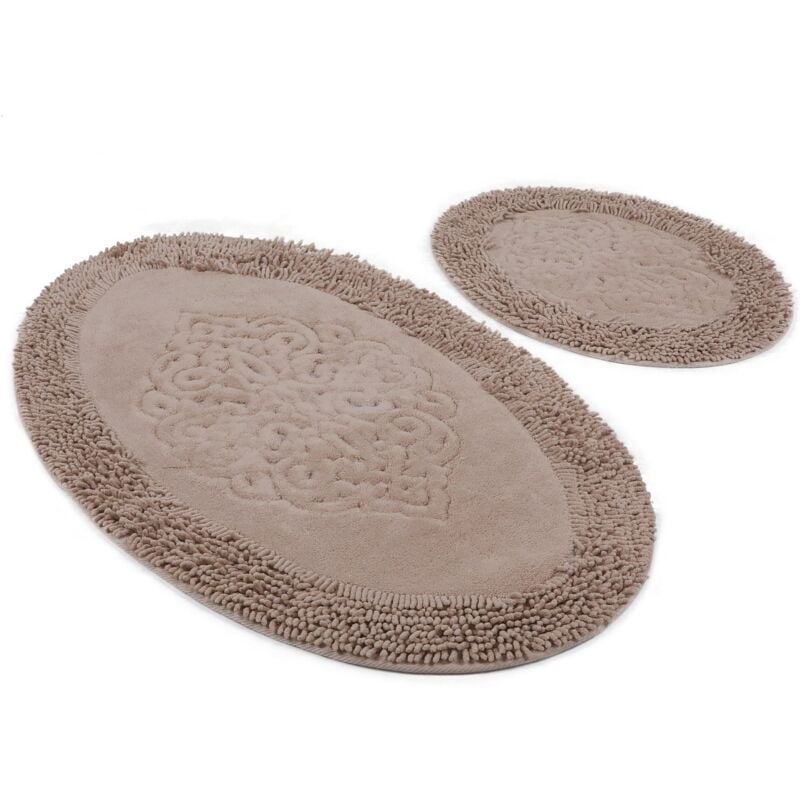 Lot de 2 tapis de salle de bain ovales brun clair, 1 pièce 50x60 - 1 pièce 60X100 cm - Multicolore - Wellhome