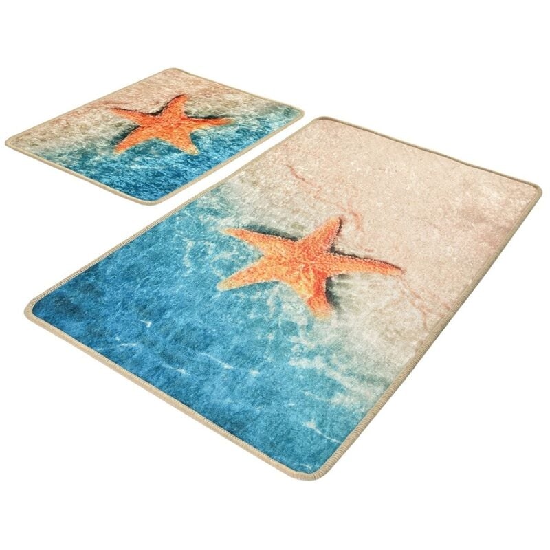 Lot de 2 Tapis de Salle de Bain Style Étoile de Mer, 1 Pièce 50x60 cm - 1 Pièce 60X100 cm - Multicolore - Wellhome