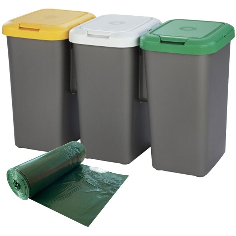 Wellhome - Poubelles de tri 3 x 25L + Rouleau de 20 sacs poubelles 30L