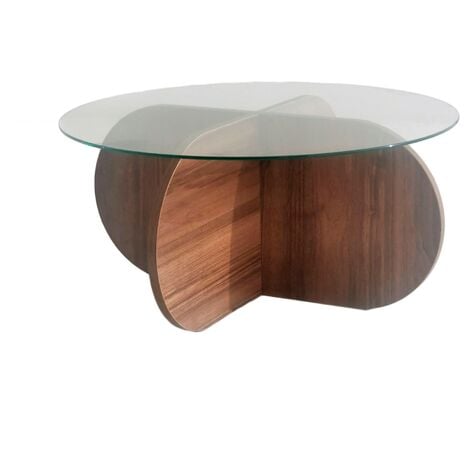 WellHome Runder Couchtisch aus gehärtetem Glas. Rhin Nussbaum 75x35x75 cm