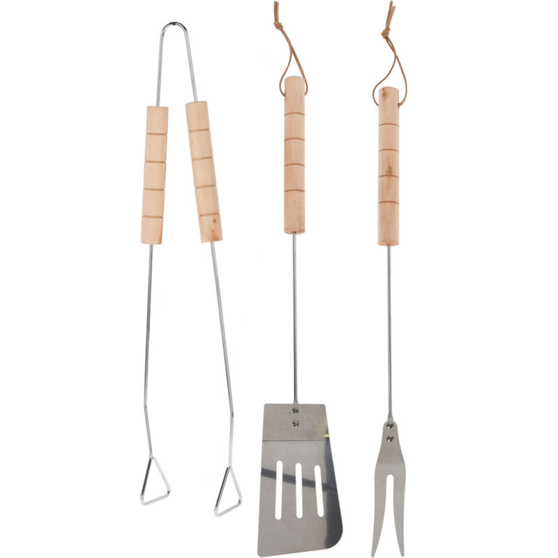 Set d'ustensiles de barbecue en acier chromé avec manche en bois - Wellhome
