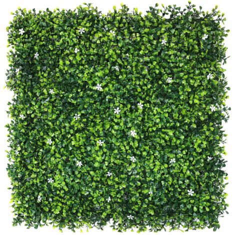 WellHome Seto Artificial 100x100cm, Jardin vertical con hojas verdes y Flores blancas