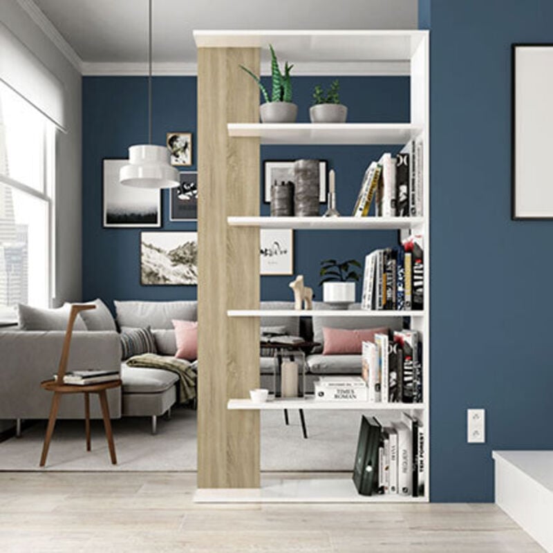 Bibliothèque avec cinq étagères, couleur blanc artik avec détail couleur chêne, dimensions 90 x 180 x 25 cm