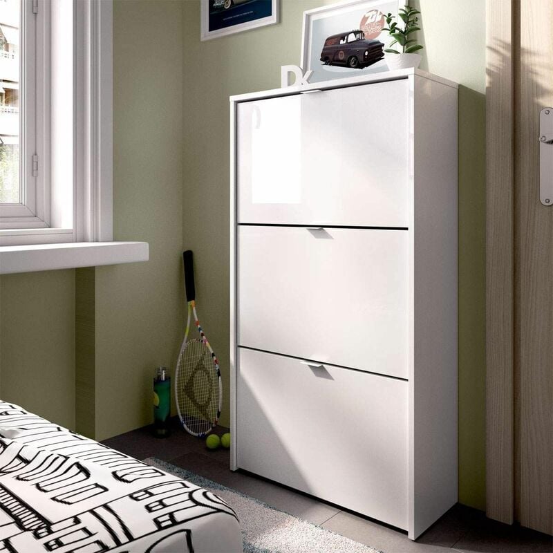 Meuble à chaussures 3 portes Jazz Blanc brillant 61 x 113 x 25 cm - Blanc brillant