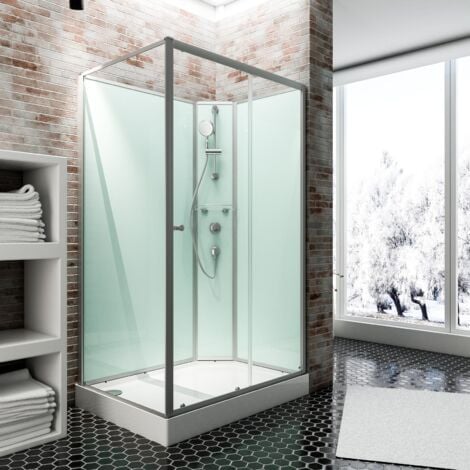 Wellnesskabine Schiebetür Ibiza von Schulte, Komplettkabine zum Stecken, 5 mm starkes Sicherheitsglas ESG Klar hell, Rückwände in light grün, Profilfarbe: Alu Natur, Funktionsteil rechts, 140 x 90 x 2