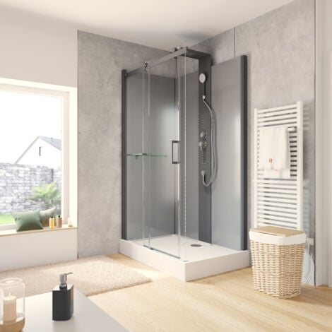 Wellnesskabine Schiebetür Korsika von Schulte, Komplettkabine, 6 mm starkes Sicherheitsglas ESG Klar hell, Rückwände 5 mm ESG Schwarz, Profilfarbe: Schwarz, 120 x 80 x 220 cm