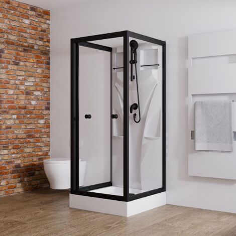 Wellnesskabine U-Kabine Juist von Schulte, Kompelettkabine, Sicherheitsglas ESG Klar hell, Rückwände weiß, Profilfarbe: Schwarz  80 x 80 x 190 cm