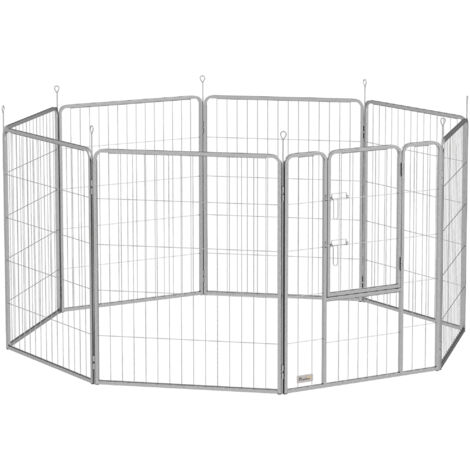 Welpenauslauf 100 cm Hoch, 8-TLG Hundelaufstall Welpenlaufstall mit Gurt und Tür, Freilaufgehege für kleine bis mittelgroße Hunde, Meerschweinchen, Kaninchen, Stahl, Silber