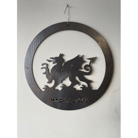Welsh Dragon Wall Art - Large With Text - Steel - W49.5 x H49.5 cm - Bare Metal/Ready to Rust