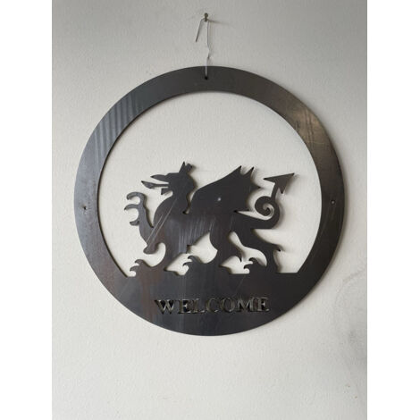 Welsh Dragon Wall Art - Small With Text - Steel - W29.5 x H29.5 cm - Bare Metal/Ready to Rust