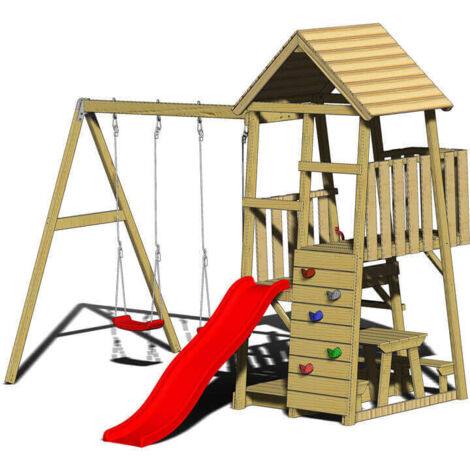 Wendi Toys Holz Spielturm Flamingo  mit Rutsche, Kletterwand, 2 Schaukeln & Picknicktisch  Natur  280x340x270 cm