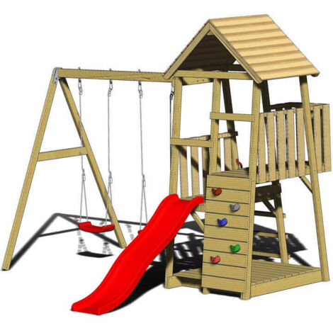 Wendi Toys Kinderspielhaus, Kletterturm "Salamander" mit Rutsche, Kletterwand und 2 Schaukeln, holz / rot