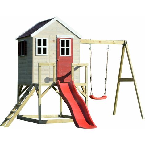 WendiToys Kinderspielhaus, Stelzenhaus Elefant mit Veranda, Schauckel und Rutsche holz / rot