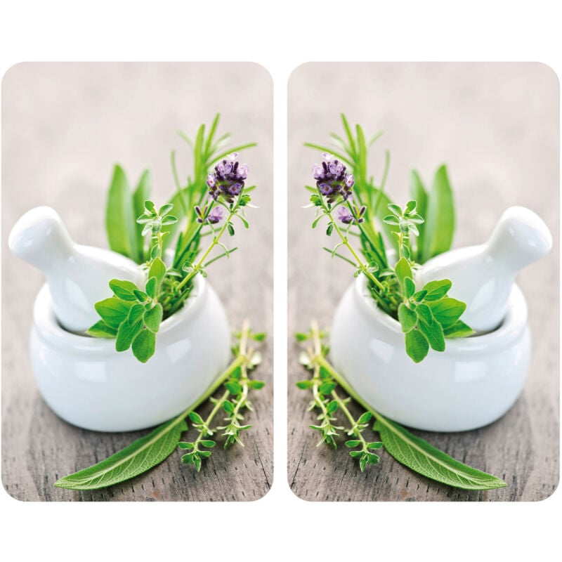 Wenko - Protection plaque de cuisson couvre plaque de cuisson en verre 'Herbes', Lot de 2, verre trempé, Pour toutes plaques, 30x52 cm, Multicolore