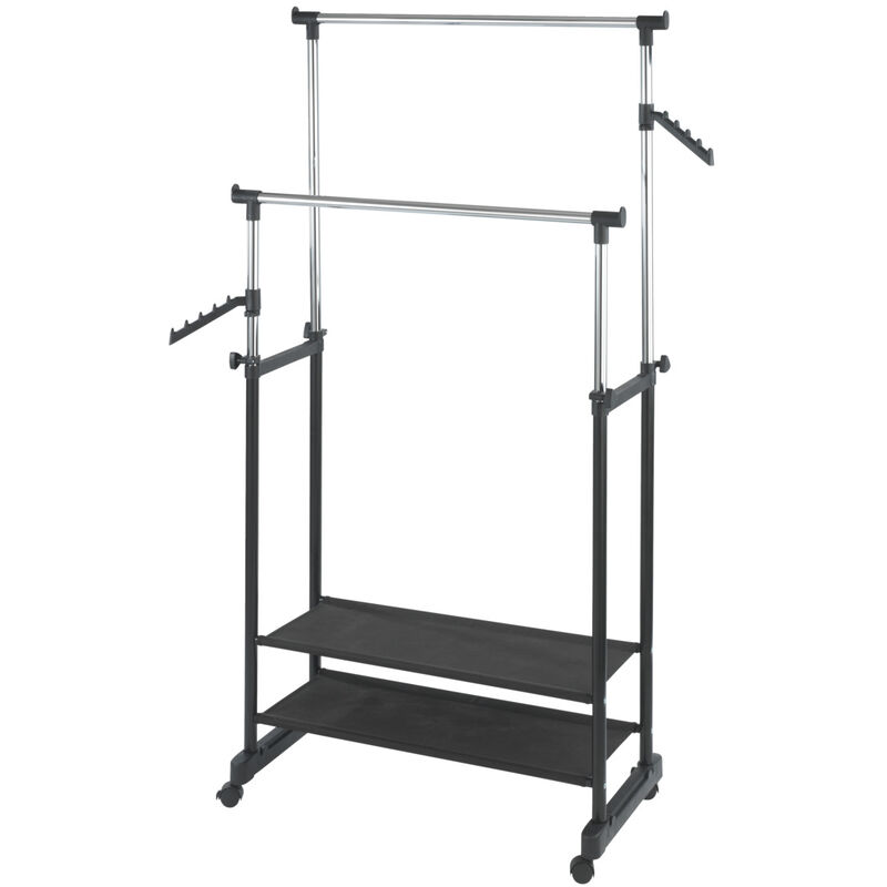 Porte vêtement double à roulettes Wenko Etagères chaussures, Supports sac à main, Hauteur réglable, Charge 50kg, 89,5x117-169x43 cm, Noir et argent