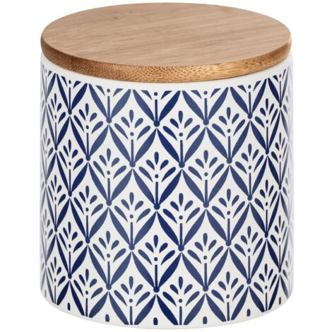 Wenko 54094100 - Scatola portaoggetti Lorca con coperchio in bambù, capacità: 0,45 l, ceramica, 10 x 10 x 10 cm, blu/bianco