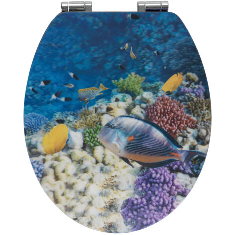 Wenko – Abattant WC avec frein de chute – Motif poisson 3D – MDF résistant à l'humidité – Fixation inox – Dimensions 38x45 cm – Multicolore