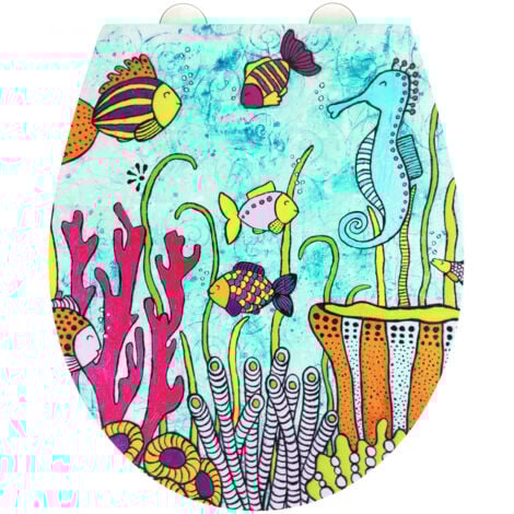 WENKO Abattant WC avec frein de chute Rollin'Art, Abattant WC ocean life, surface en relief, fixation en acier inoxydable, en Duroplast antibactérien, 38 x 44,5 cm.