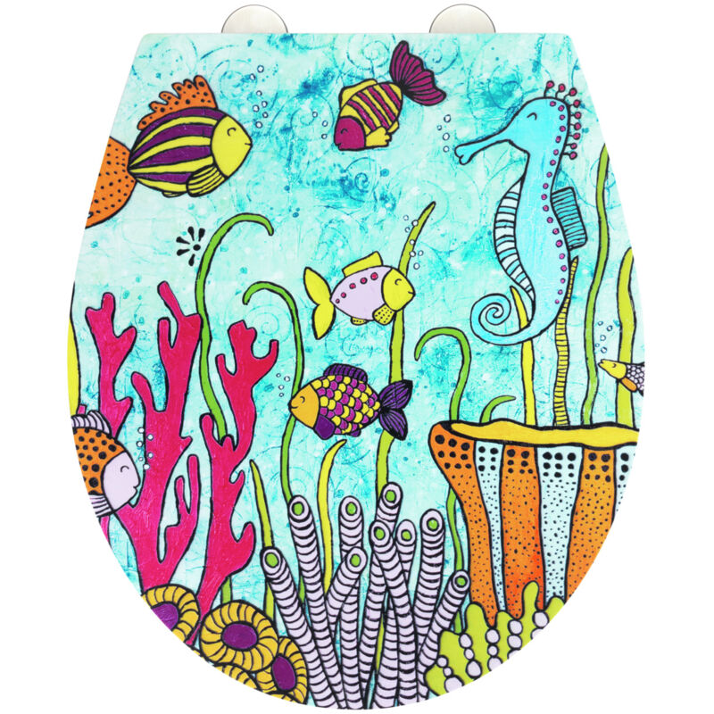 Wenko - Abattant wc 'Ocean Life' Frein de chute, Fixation en acier inoxydable, Tampon mural, Duro Plast antibactérien, 38 x 44,5 cm, Multicolore