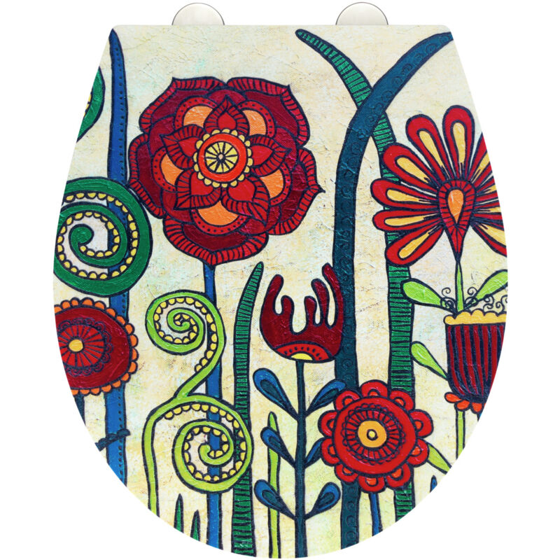 Wenko - Abattant wc 'Red Blossom' Frein de chute, Fixation en acier inoxydable, Tampon mural, Duro Plast antibactérien, 38 x 44,5 cm, Multicolore