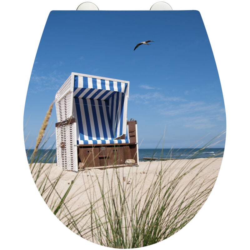 Wenko - Abattant wc original Cabane Plage, abattant wc avec frein de chute, fixation inox clipsable, Duroplast acrylique, 39x45 cm, multicolore