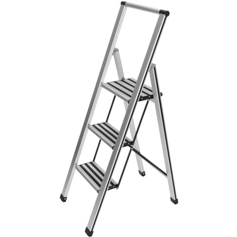WENKO Alu-Design Klapptrittleiter 3-stufig inklusive Leiternhalter, rutschfeste Haushaltsleiter, SicherheitsStehleiter, Silber matt, Aluminium silber matt, Kunststoff schwarz, lackiertes Metall schwar