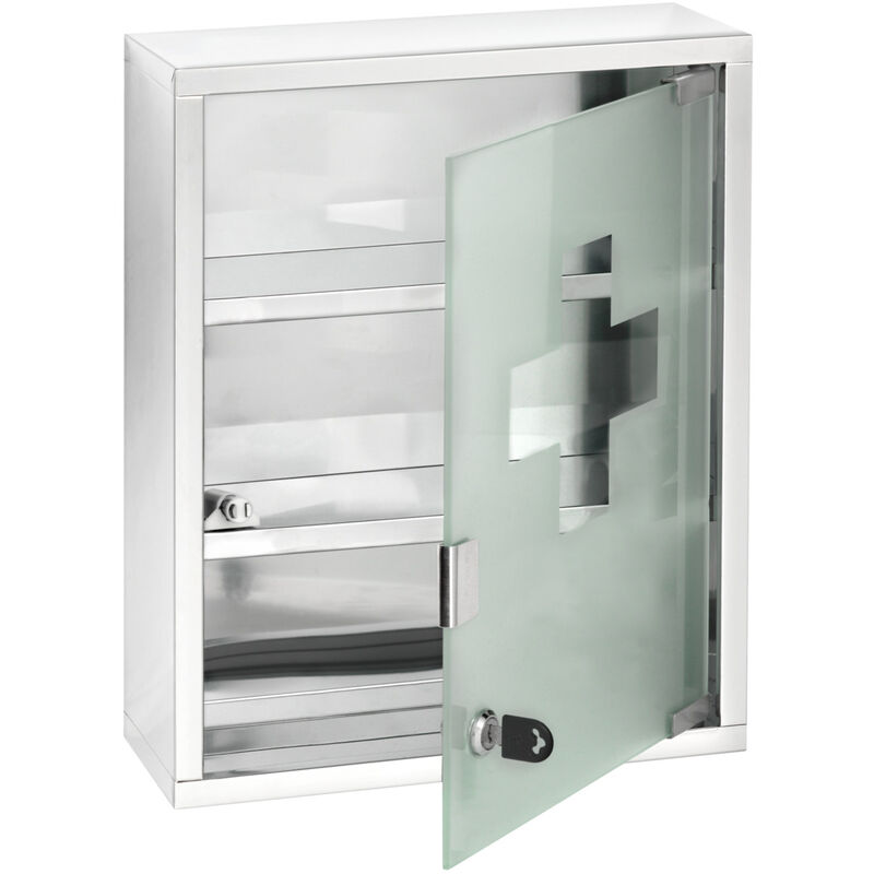 Wenko - Armoire à Pharmacie 3 niveaux avec serrure Porte en verre sécurité satiné fermeture avec clé, Acier inox brillant, 30 x 12 x 40 cm, Argent